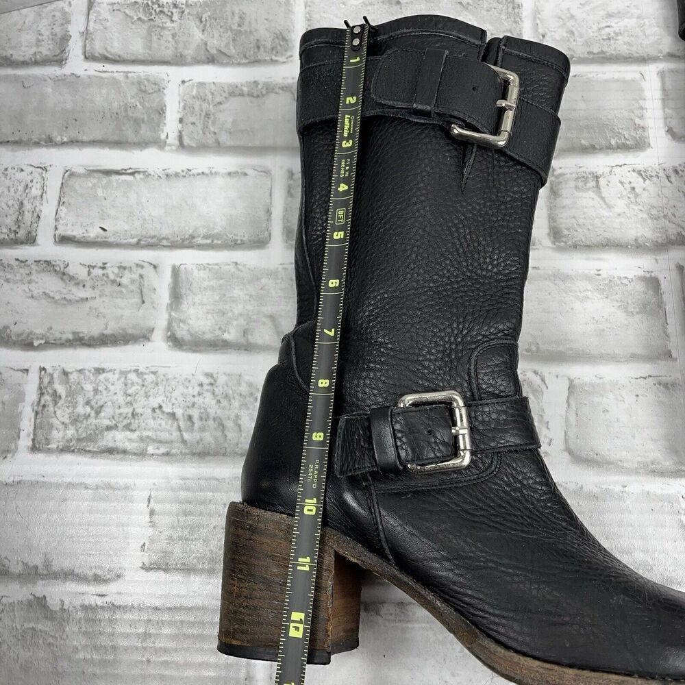 Bianco Easy Women 's 38 /7.5 US Black Leather Buckle Moto Mid Calf Chunky Boots - Picture 10 of 16